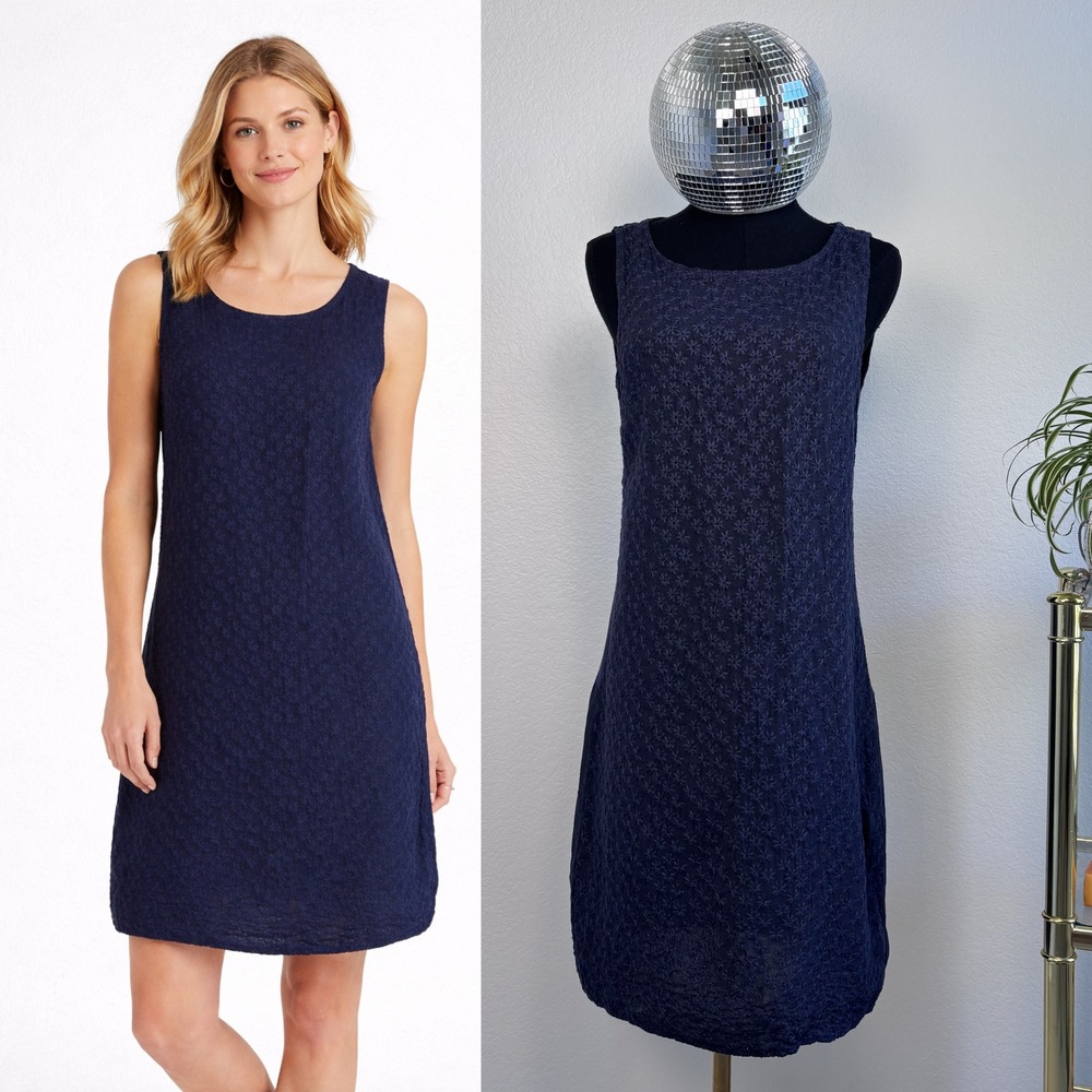 Lina Tomei‎ Navy Blue Embroidered Linen Shift Dress Made in Italy Womens Small